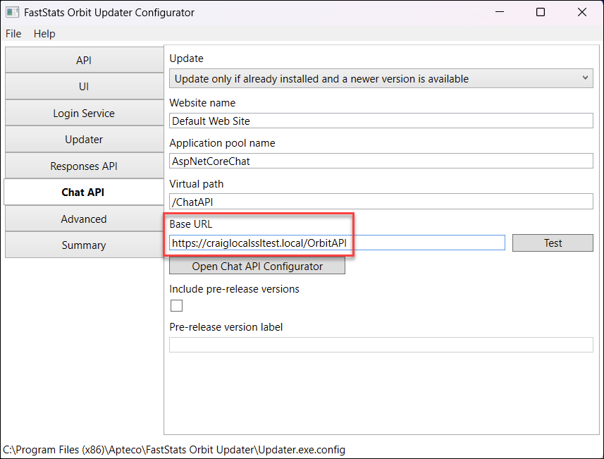 Base URL Base URL field updated on Chat API tab