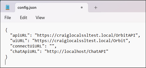config.json config.json file showing chatApiURL referencing localhost