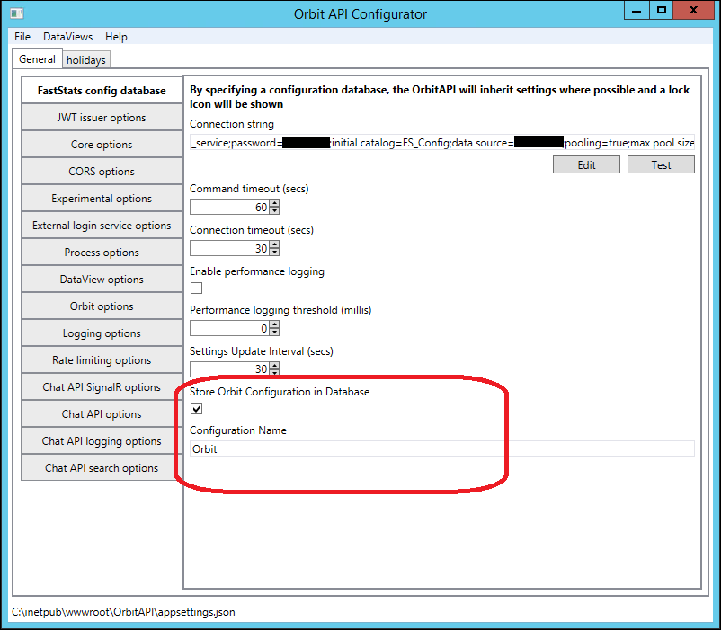 Store Orbit Configuration Store Orbit Configuration in Database option selected