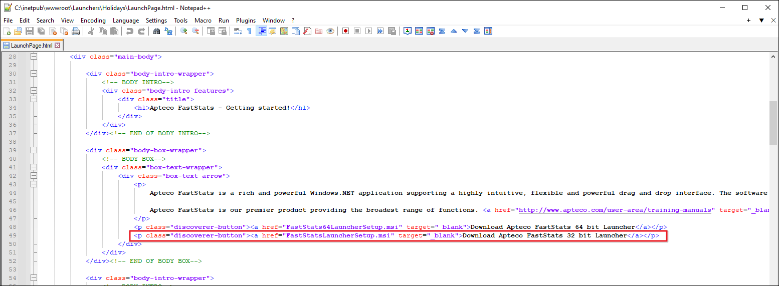 Launch page HTML LaunchPage.html source in text editor