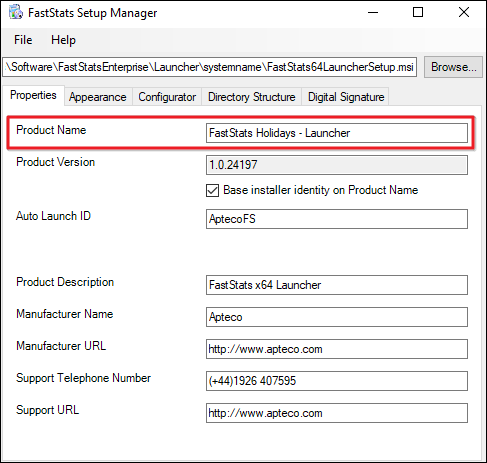 Product name Product name field in Setup Manager Properties tab