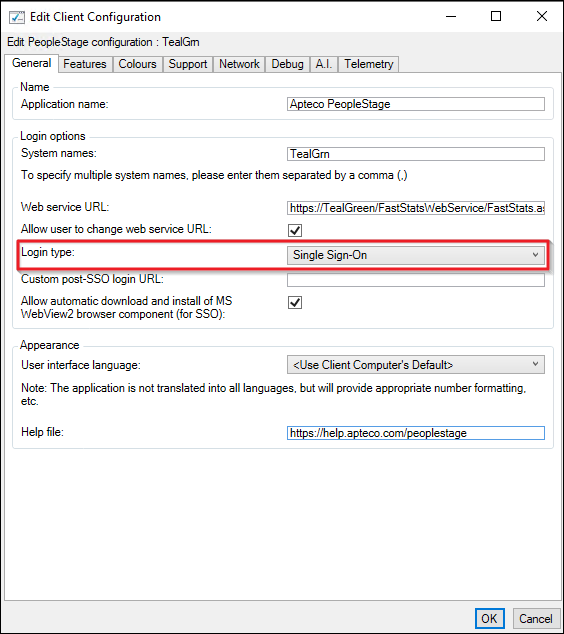 Login type PeopleStage Login Type set to Single Sign-On in PeopleStage client configuration