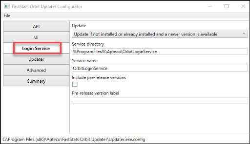 Login service Login Service tab in Orbit Updater Configurator