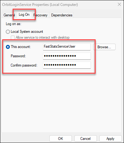 Login service properties OrbitLoginService Properties dialog