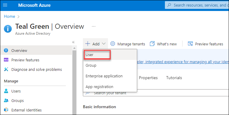 Add user Add user dialog in Azure AD