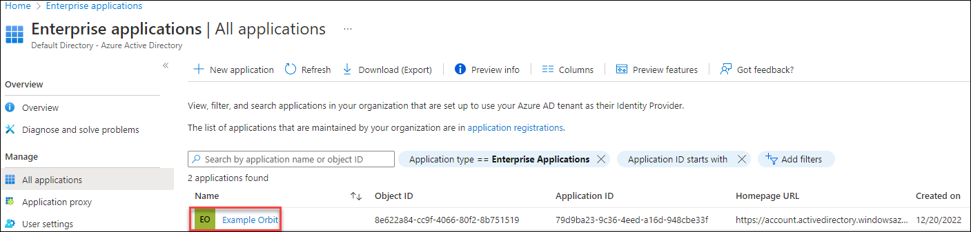 Your application Application listed in Enterprise applications