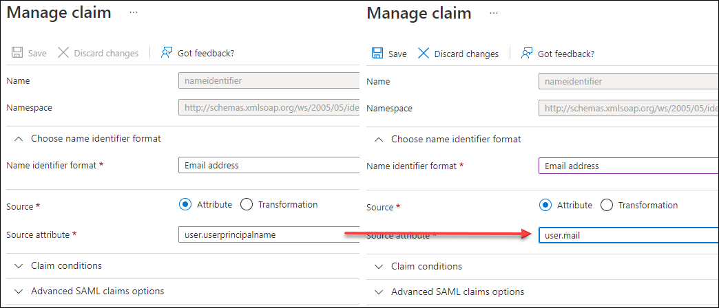 Attributes & claims Manage claim dialog