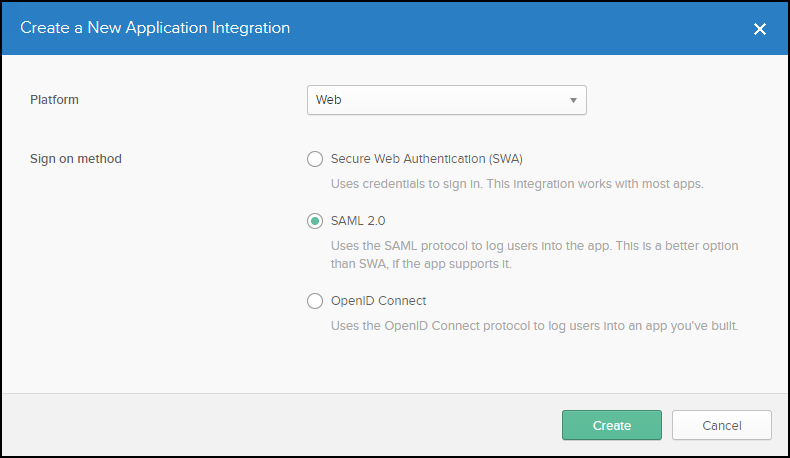 Create the application Create application with SAML 2.0 selected