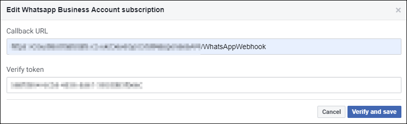 Callback URL Callback URL and verify token fields