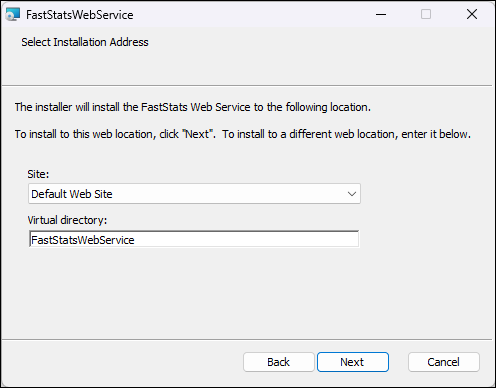 FastStats Web Service Setup FastStats Web Service Setup dialog showing website selection
