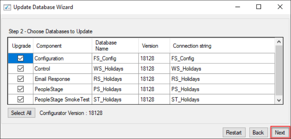 Select Databases to Update Select Databases to Update dialog