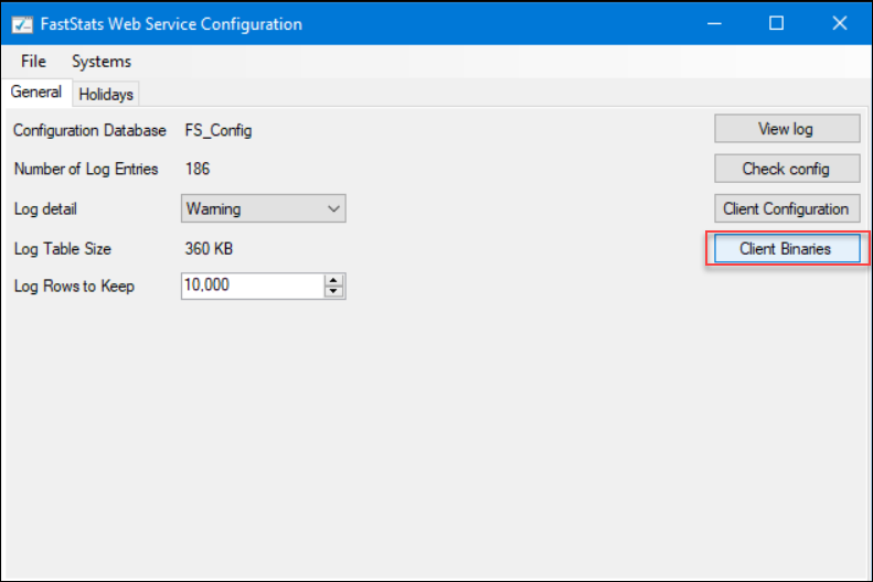 Client Binaries Client Binaries panel in the FastStats Configurator