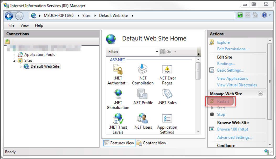 Restart Website IIS Manager showing Restart Website option
