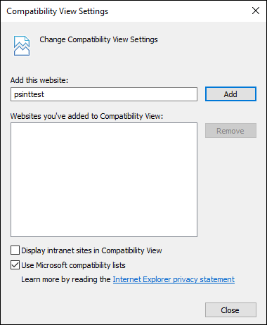 Change Compatibility View Settings Compatibility View Settings dialog with Display intranet sites checkbox