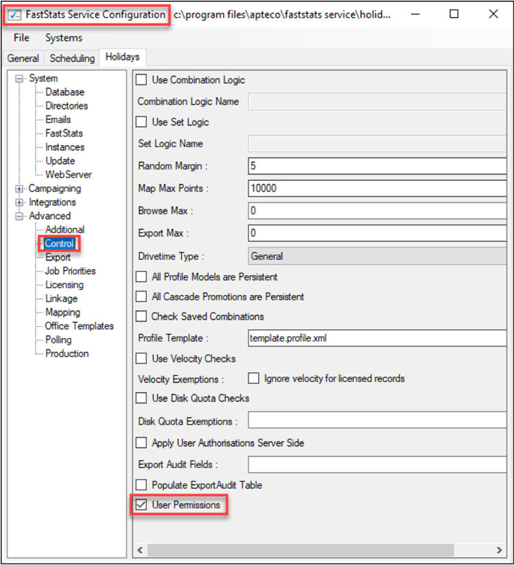 User permissions User Permissions checkbox in FastStats Service Configuration