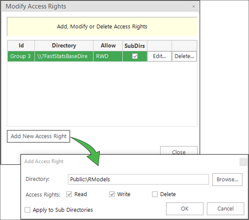 FastStats Modify Access Rights dialog FastStats Modify Access Rights dialog