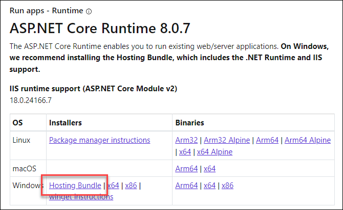 Install Hosting Bundle ASP.NET 8 Hosting Bundle installer