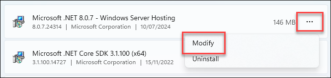 Modify Server Hosting Windows Server Hosting modify option in Apps and Features