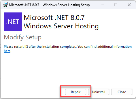 Repair Windows Server Hosting Repair option in the Windows Server Hosting installer
