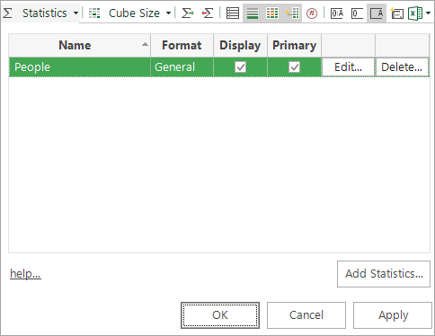 Statistics list showing Count by default