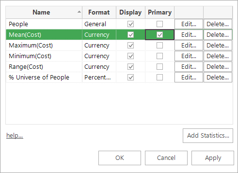 Statistics list with Primary Statistic option highlighted