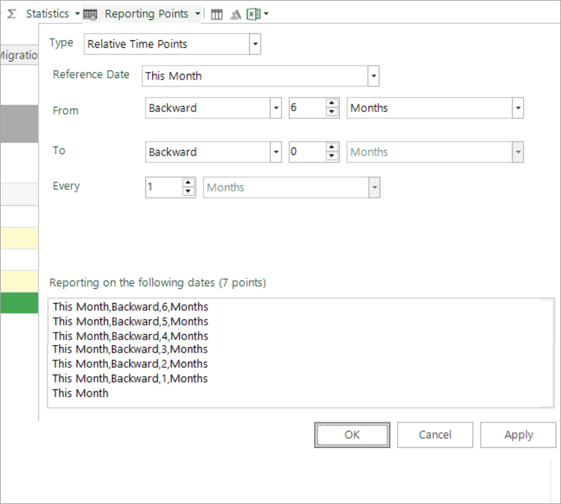 Relative time points configuration dialogue