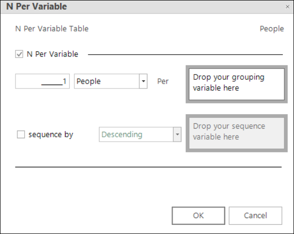 N Per Variable dialogue showing grouping variable drop zone