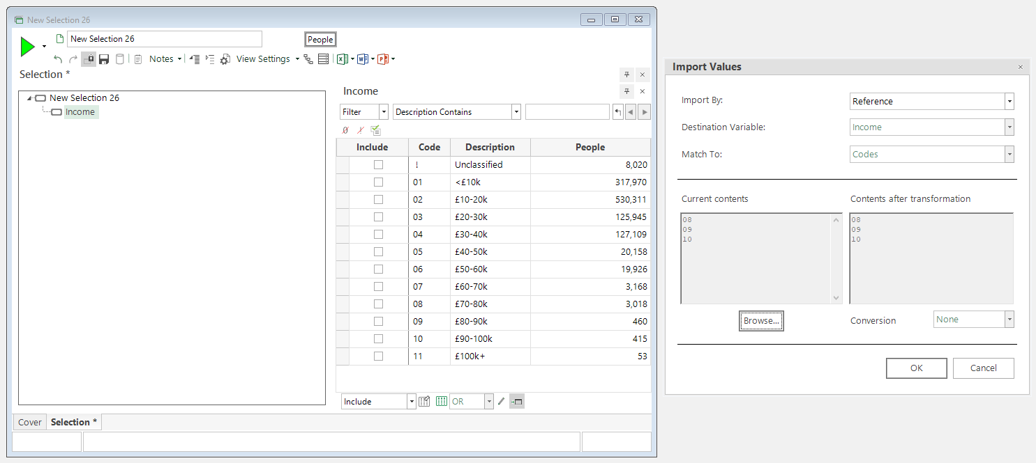 Import Values dialog for the Income selector variable