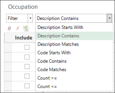 Filter options panel Filter options panel