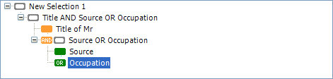 Selection tree showing Title of Mr AND Source OR Occupation