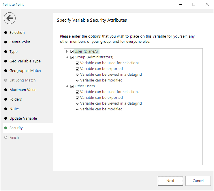 Specify variable security attributes