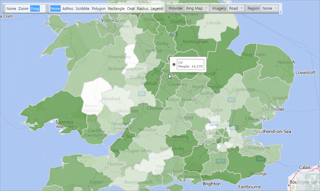 Map showing number of people by Postal Area Shaded map of Postal Area