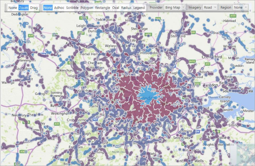 Map showing 30 minute public transport intervals from the National Gallery in London