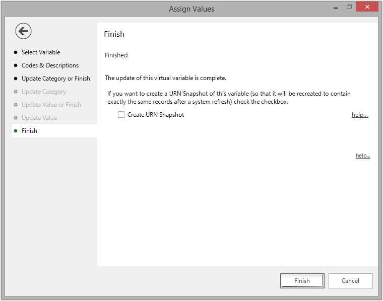 The Finish step of the Assign Values wizard