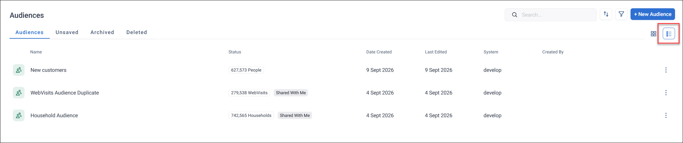 List view Audiences screen in list view