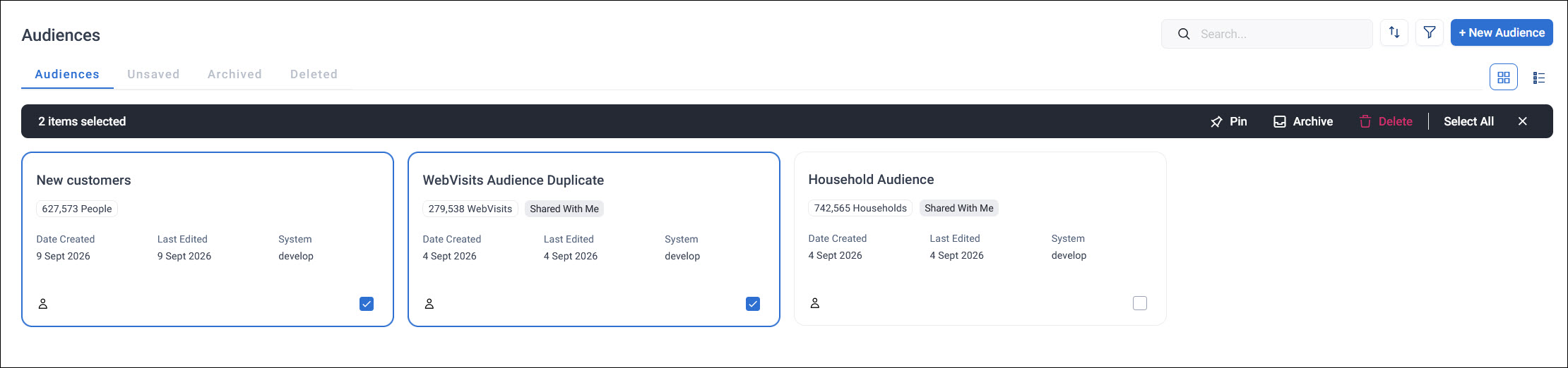 Multi-select mode Audiences screen with two audiences selected, showing the multi-select toolbar