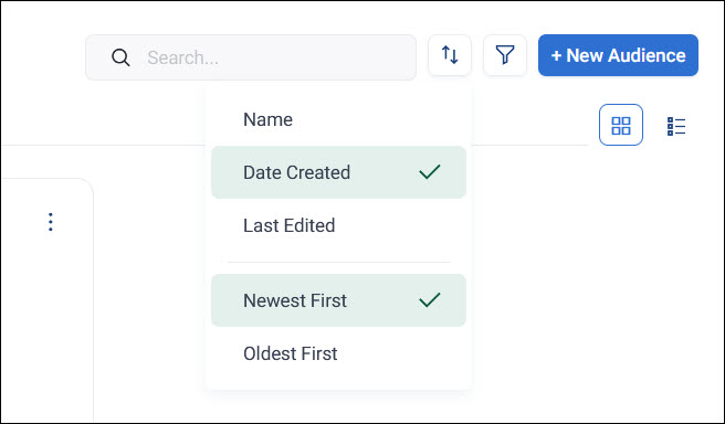 Sort audiences Sort dropdown showing Name, Date Created, and Last Edited options, with Newest First and Oldest First direction options