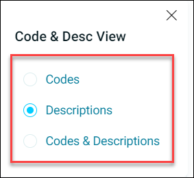 Codes and descriptions options