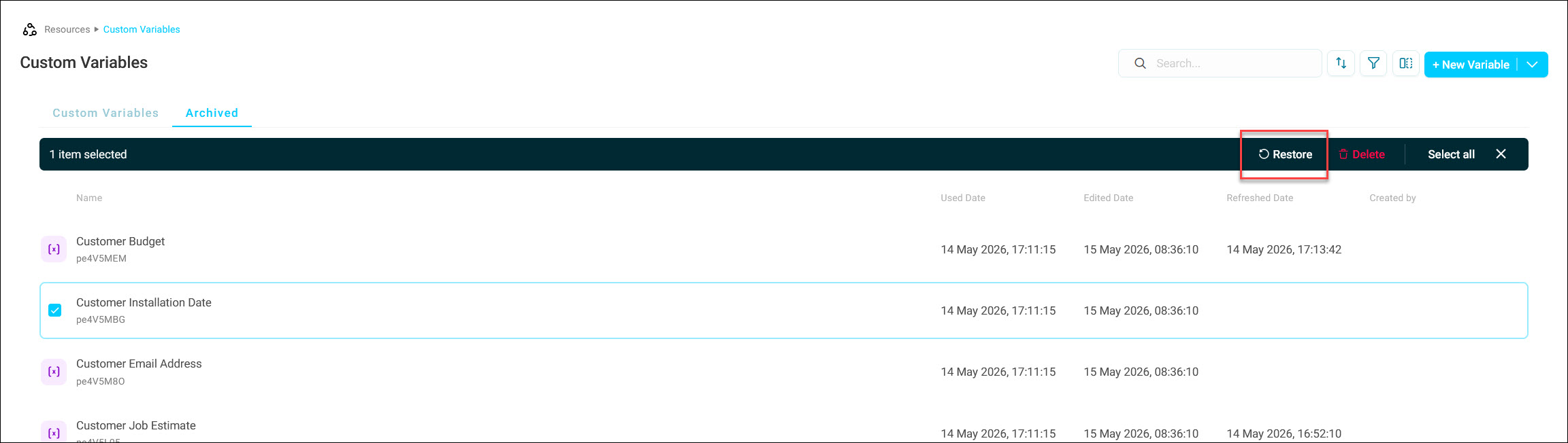 Archive and restore Archived tab, with a variable selected and the Restore action available