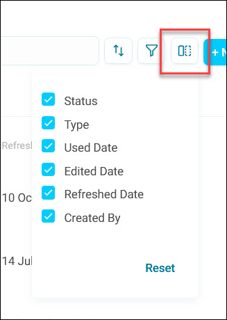 Columns Column visibility menu with all columns selected
