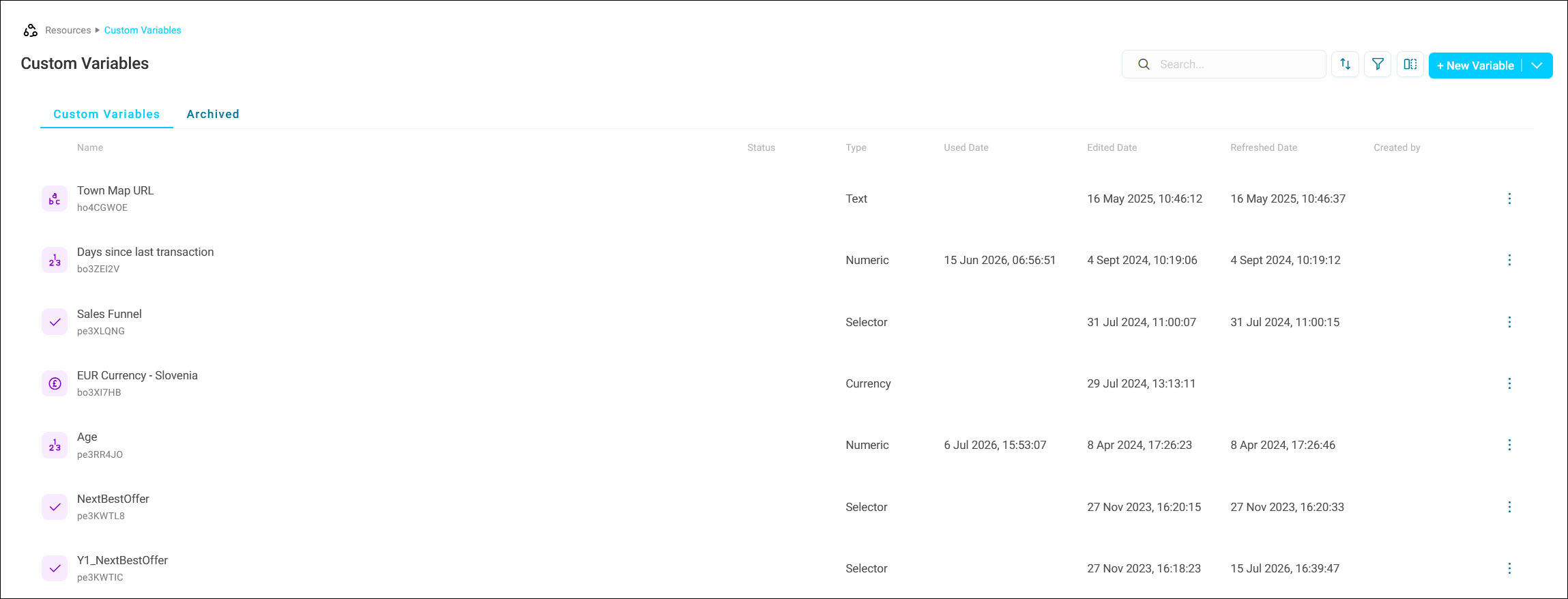 Custom Variables Custom Variables list, showing variables and their type, usage, and edit history