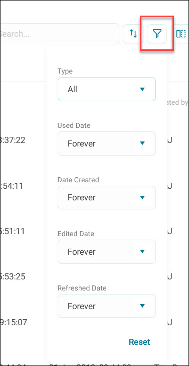 Filters Filter panel, showing type and date-range filters