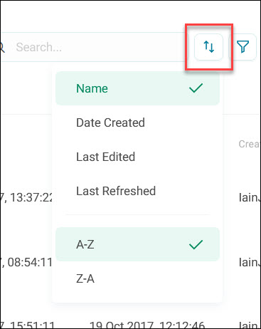 Sort order Sort menu, listing sort fields and A-Z/Z-A order