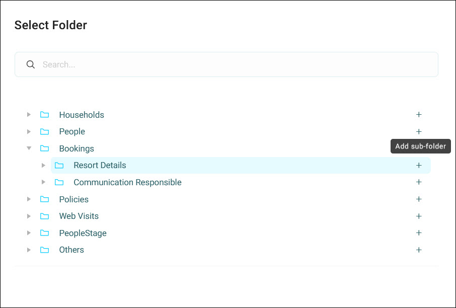 Select Folder Select Folder picker, showing the folder tree with an Add sub-folder icon against each row