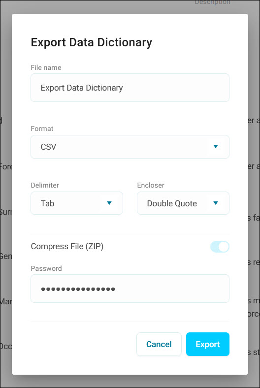 Export data dictionary