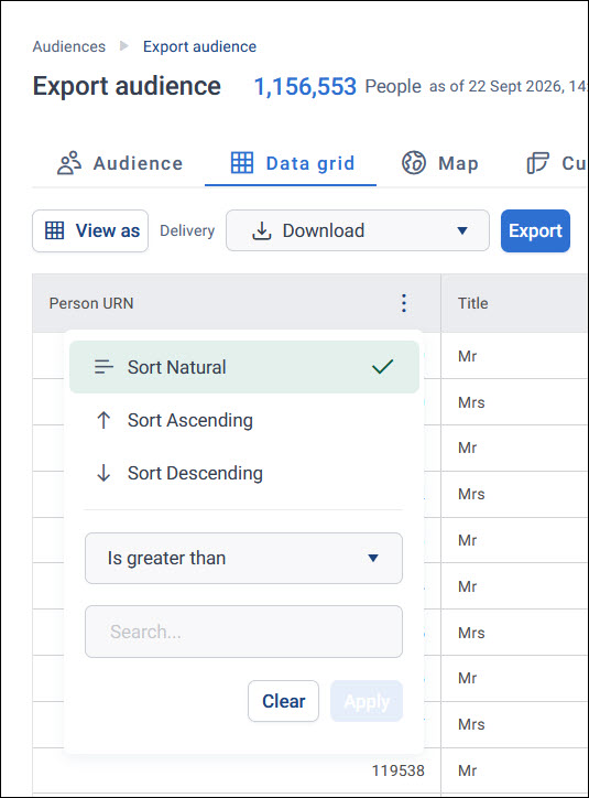 Data grid tab of the Export audience screen, showing the column header menu with Sort Natural, Sort Ascending, Sort Descending, and a numeric comparison filter