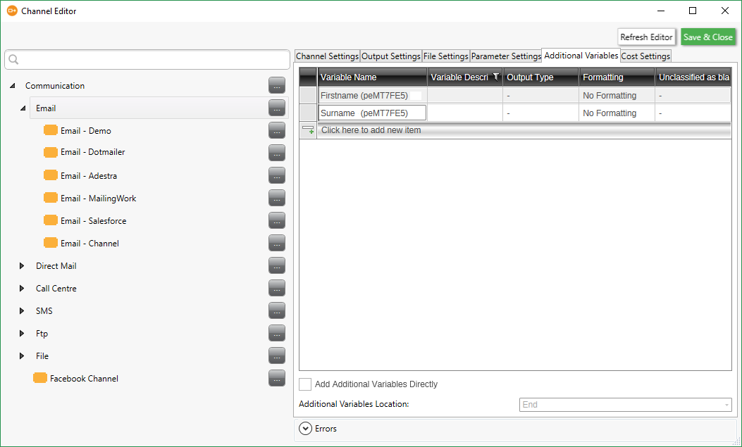 Channel Editor Additional Variables Channel Editor Additional Variables