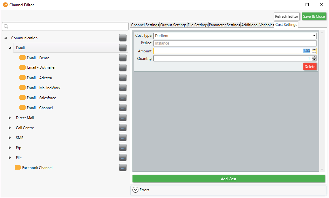 Channel Editor Cost Settings Channel Editor Cost Settings