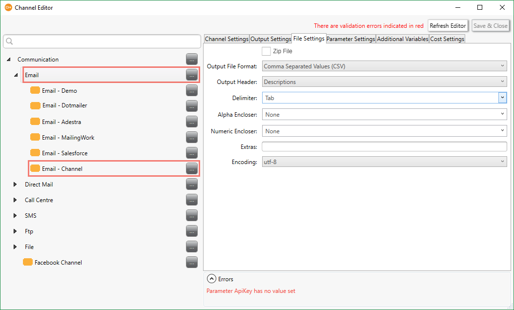 Channel Editor File Settings Channel Editor File Settings