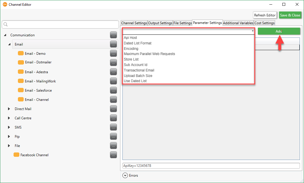 Channel Editor Parameter Settings Channel Editor Parameter Settings